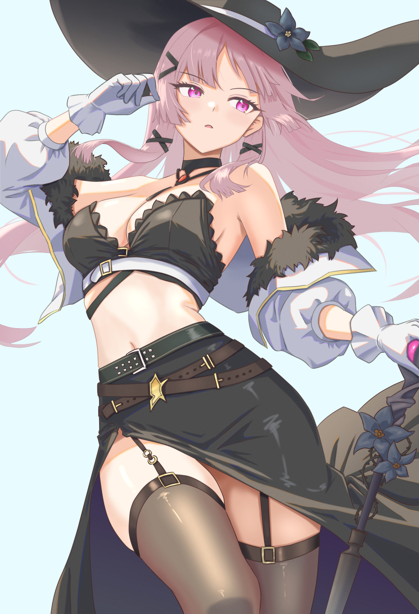 1girl absurdres bandeau bare_shoulders belt black_bandeau black_hat black_skirt breasts brown_thighhighs cleavage commentary_request cropped_jacket epic_seven floating_hair fur_trim garter_straps gloves hand_up hat highres jacket konjou lilias_(epic_seven) long_hair long_skirt looking_to_the_side medium_breasts midriff multiple_belts navel off_shoulder open_clothes open_jacket open_mouth pink_eyes pink_hair side_slit skirt solo stomach strapless sun_hat thighhighs thighs tube_top white_gloves white_jacket