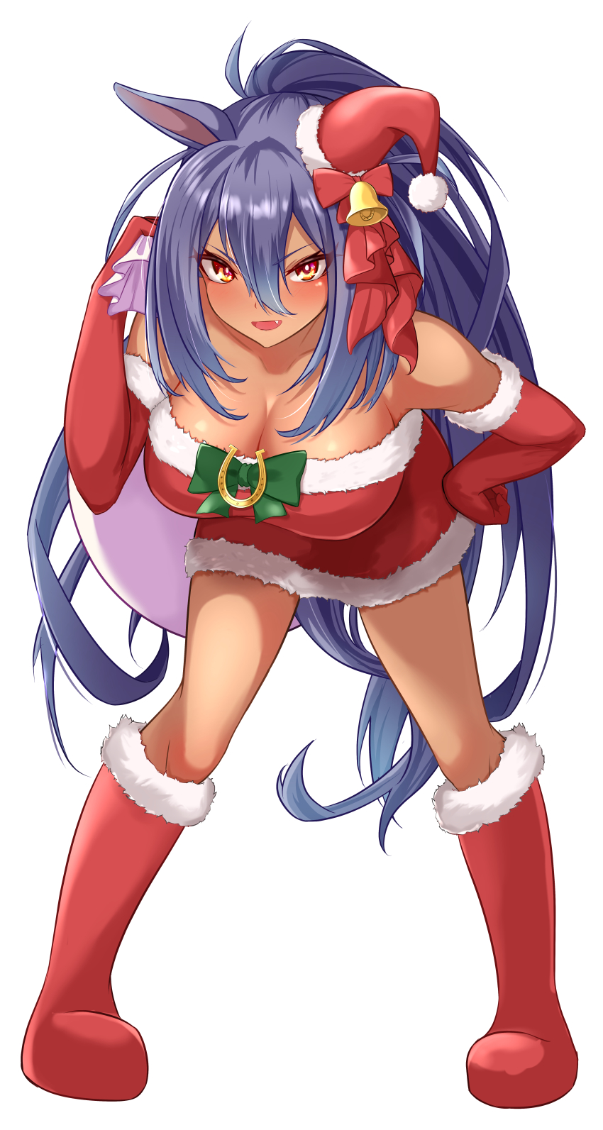1girl absurdres alternate_costume animal_ears black_hair blush boots bow commentary_request dark-skinned_female dark_skin dress ear_bow elbow_gloves eve_on_k full_body fur-trimmed_boots fur-trimmed_dress fur-trimmed_gloves fur_trim gloves green_bow hair_between_eyes hand_on_own_hip hat hat_over_one_ear highres hishi_amazon_(umamusume) holding holding_sack horse_ears horse_girl horse_tail horseshoe_ornament leaning_forward long_hair mini_hat mini_santa_hat open_mouth pom_pom_(clothes) red_boots red_eyes sack santa_hat sidelocks simple_background smile solo strapless strapless_dress tail umamusume v-shaped_eyebrows very_long_hair white_background