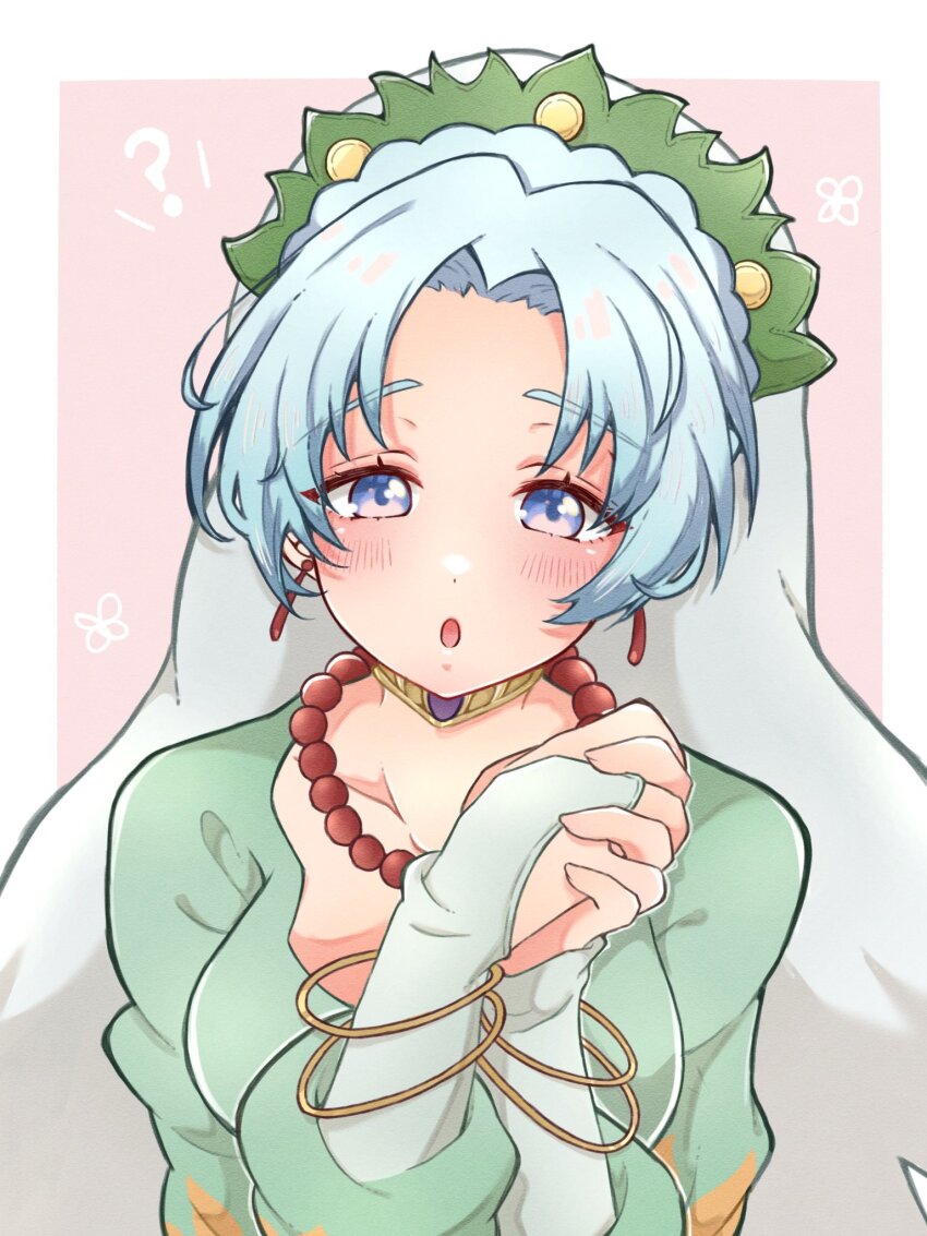 1girl :o ? bead_necklace beads blue_eyes blue_hair blush border breasts commentary_request dot_nose earrings grune_(tales) hair_intakes highres jewelry kazunokoumaa_(mymyabyss) medium_breasts necklace outside_border own_hands_together pink_background short_hair solo tales_of_(series) tales_of_legendia white_border