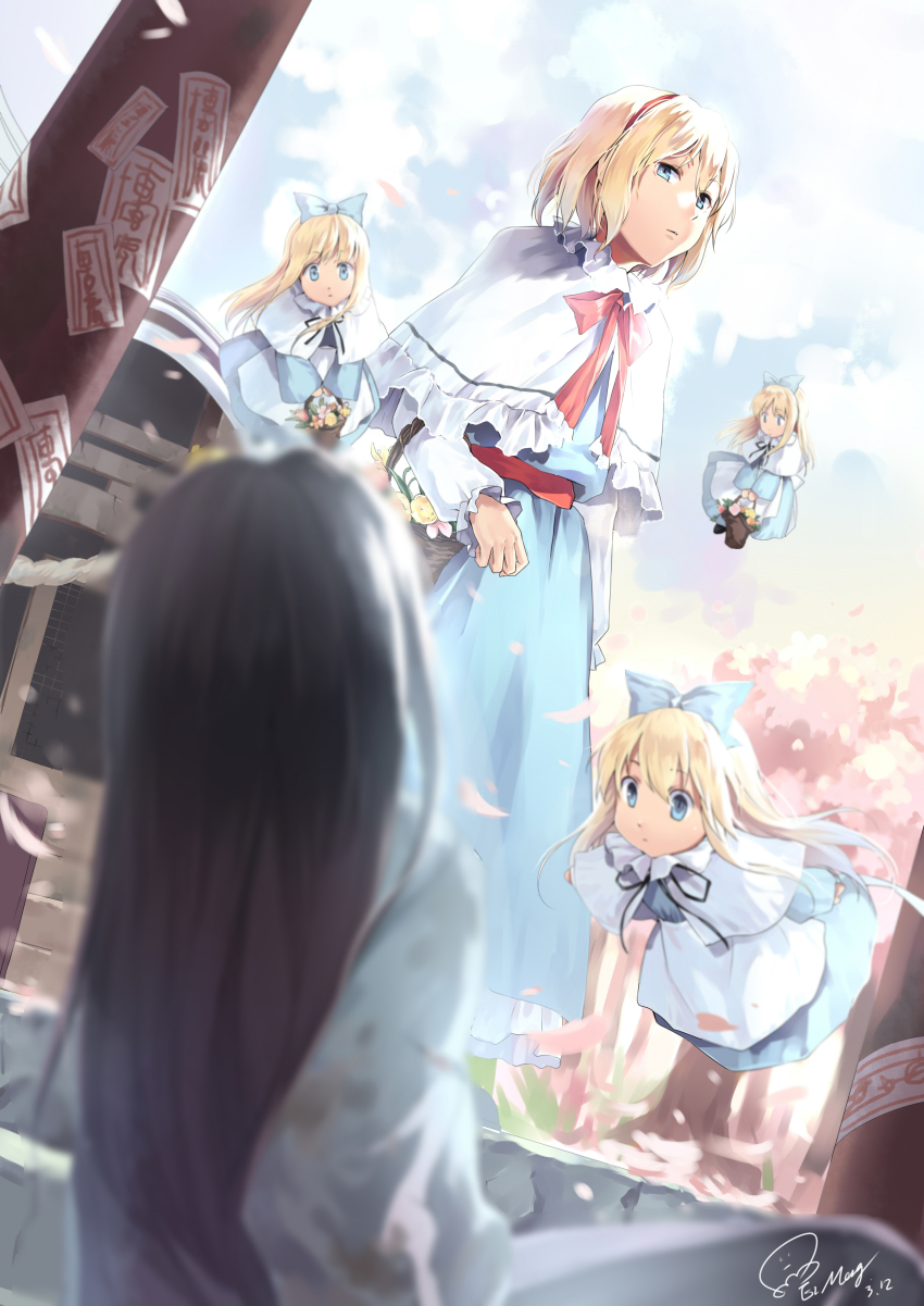 2girls absurdres alice_margatroid apron bad_id bad_pixiv_id black_hair blonde_hair blue_dress blue_eyes blurry bow capelet carrying cherry_blossoms cloud curious dated day depth_of_field dress etm_(ahong) expressionless flower_basket flying hair_bow hairband hakurei_shrine highres japanese_clothes kimono long_hair long_sleeves looking_at_another looking_down multiple_girls perspective petals ribbon shanghai_doll signature sunlight talismans touhou tree waist_apron well