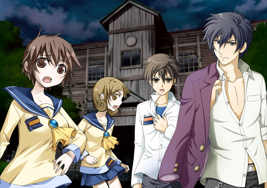 2boys 2girls artist_request blonde_hair blue_eyes blue_hair brown_hair cloud collarbone corpse_party hand_on_own_chest highres kizami_yuuya looking_at_viewer mochida_satoshi multiple_boys multiple_girls nakashima_naomi open_mouth school school_uniform shinohara_seiko sidelocks source_request yellow_eyes