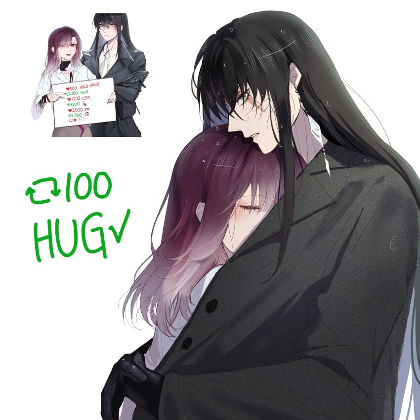 2girls black_coat black_gloves black_hair closed_eyes closed_mouth coat collared_shirt commentary_request earrings elbow_gloves flower gloves gradient_hair hair_over_one_eye heart highres holding holding_sign hug jewelry lezissmitozer like_and_retweet long_hair long_sleeves looking_at_viewer multicolored_hair multiple_girls neckerchief parted_lips path_to_nowhere purple_eyes purple_hair rahu_(path_to_nowhere) scar scar_across_eye scar_on_face shalom_(path_to_nowhere) shared_clothes shared_coat shirt sign simple_background sweatdrop twitter_strip_game upper_body wet wet_hair white_background white_flower white_hair white_neckerchief white_shirt yuri