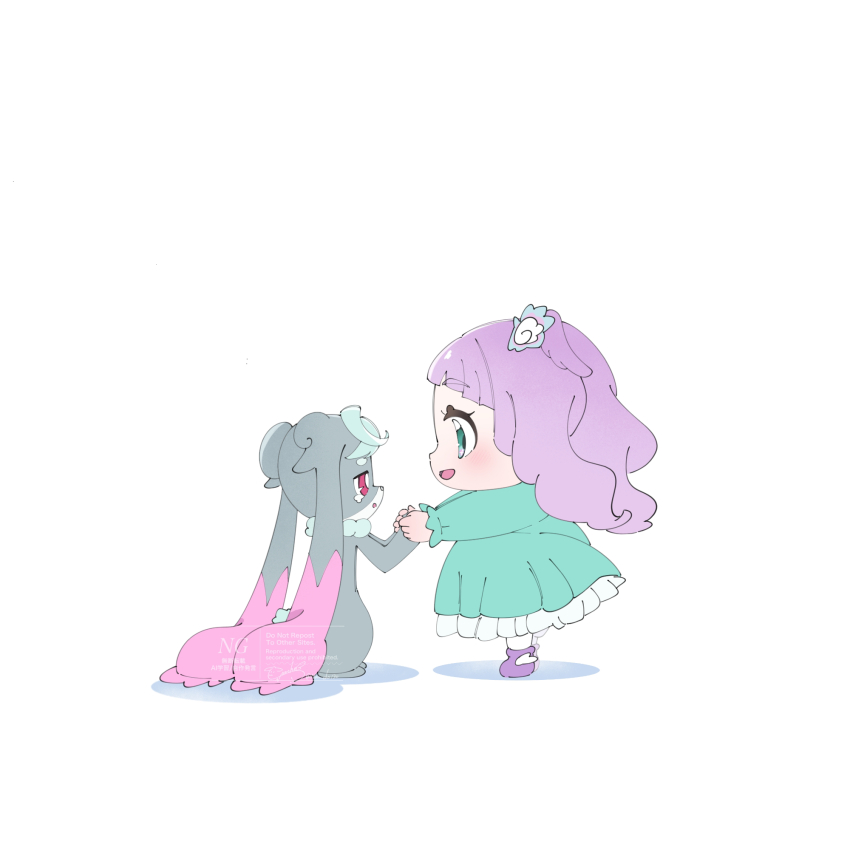 1girl aqua_dress aqua_eyes baby blush creature dress ellee-chan fairy highres hirogaru_sky!_precure holding_hands namcho open_mouth precure precure_all_stars precure_all_stars_f puca_(precure) purple_hair purple_shoes shoes short_hair socks solo two_side_up white_background white_socks