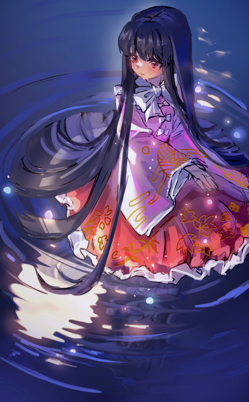 1girl absurdres black_hair bow closed_mouth frilled_skirt frills highres hime_cut houraisan_kaguya long_hair long_skirt pink_shirt red_eyes red_skirt ribbon shirt shouxishao_jiuyuan sitting sitting_on_water sketch skirt smile solo touhou very_long_hair white_bow white_ribbon wide_sleeves