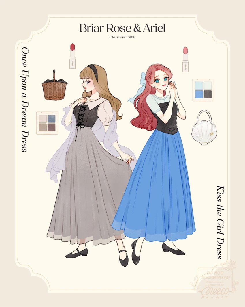 2girls ariel_(disney) aurora_(disney) blonde_hair blue_eyes bow character_name contemporary copyright_name disney_princess dress highres long_hair looking_at_viewer meecosme multiple_girls red_hair sleeping_beauty_(disney) smile the_little_mermaid_(disney)