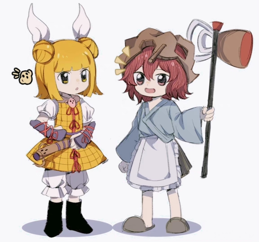 1girl 1other androgynous apron armor bambootea black_boots blonde_hair bloomers blue_shirt blunt_bangs boots brown_headwear brown_skirt brown_slippers crossover double_bun frilled_apron frills hair_between_eyes hair_bun hair_ribbon haniwa_(statue) helmet holding joutouguu_mayumi katano_sukune katano_sukune&#039;s_bottle_opener len&#039;en long_sleeves medium_hair open_mouth puffy_short_sleeves puffy_sleeves red_eyes red_hair red_ribbon ribbon shirt short_hair short_sleeves simple_background skirt slippers smile stage_connection touhou trait_connection underwear white_apron white_background white_bloomers white_ribbon white_shirt yellow_eyes