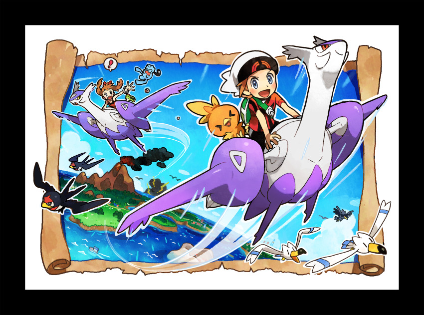 ! &gt;_&lt; 1boy 1girl :d ^_^ absurdres artist_request bird black_border blue_sky blush boat border brendan_(pokemon) brown_hair closed_eyes closed_mouth cloud day electricity flying gen_2_pokemon gen_3_pokemon green_bag green_shoes grey_eyes hat highres latias latios legendary_pokemon long_hair may_(pokemon) mega_latias mega_latios mega_pokemon mega_ring motion_lines mountain murkrow nintendo official_art open_mouth outline poke_ball poke_ball_(basic) pokemon pokemon_(creature) pokemon_oras reaching red_eyes red_shirt riding riding_pokemon second-party_source shirt shoes short_hair short_sleeves sky sleeveless sleeveless_shirt smile smoke spoken_exclamation_mark storm taillow tank_top torchic transparent_background volcano watercraft white_hat white_outline wingull wynaut yellow_eyes