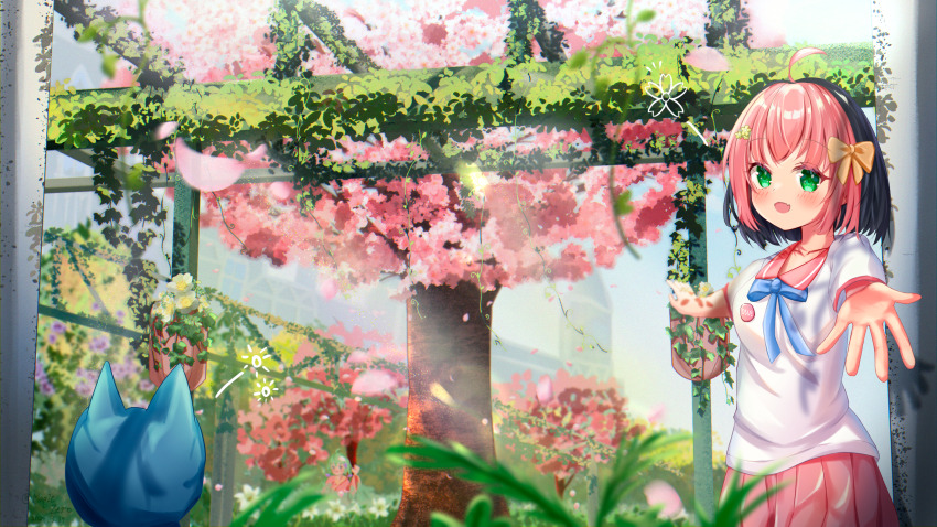 3girls ahoge black_hair blush bow breasts cherry_blossoms chirou_(osu!) fang flower garden green_eyes hair_bow happy highres looking_at_viewer maplezero mocha_(osu!) multicolored_hair multiple_girls nature open_mouth osu! outstretched_hand pink_hair pink_skirt pippi_(osu!) scenery school_uniform serafuku shirt short_hair skin_fang skirt smile solo_focus tree two-tone_hair white_shirt