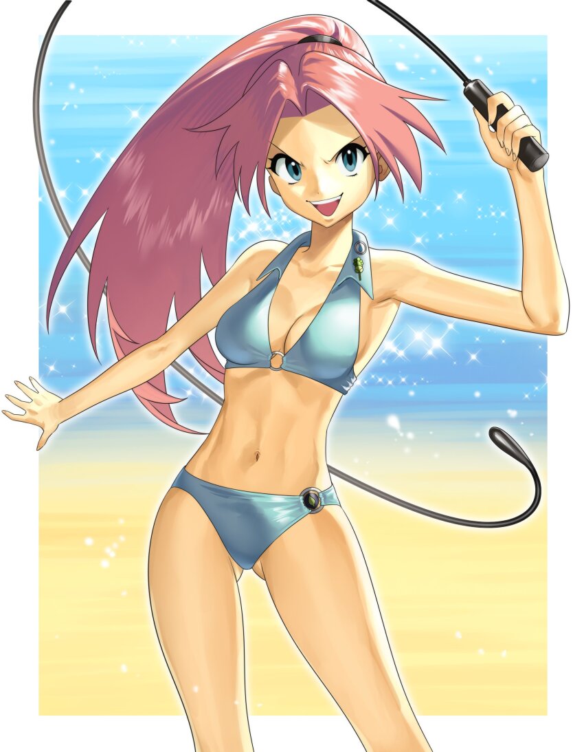 1girl absurdres ace_trainer_(female)_(pokemon_rgby) ace_trainer_(pokemon) adapted_costume alternate_costume badge badge_(pokemon) beach bikini blue_bikini blue_eyes breasts button_badge cleavage collared_bikini curtained_hair grey_bikini hand_up hanny_(uirusu_chan) highres holding holding_whip long_hair looking_at_viewer navel nintendo o-ring o-ring_bikini open_mouth orange_hair parted_bangs pink_hair pokemon pokemon_stadium ponytail smile solo sparkle swimsuit teeth upper_teeth_only