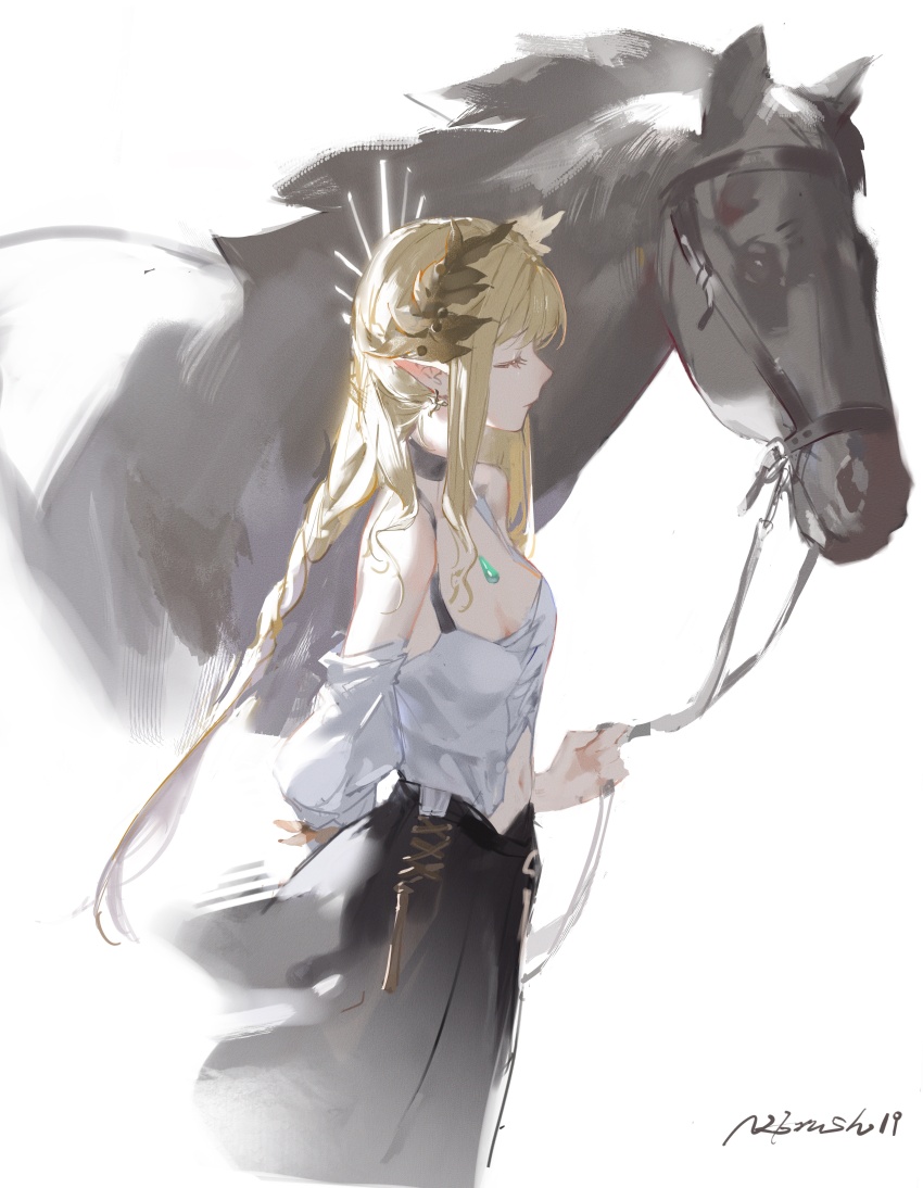 1girl absurdres ambience_synesthesia animal arknights bare_shoulders black_choker black_skirt blonde_hair breasts camisole chinese_commentary choker cleavage closed_eyes closed_mouth commentary detached_sleeves earrings elf highres horse jewelry long_hair medium_breasts midriff muelsyse_(arknights) muelsyse_(golden_reverie)_(arknights) navel official_alternate_costume pointy_ears profile shijiubashuazi simple_background skirt solo white_background white_camisole white_sleeves