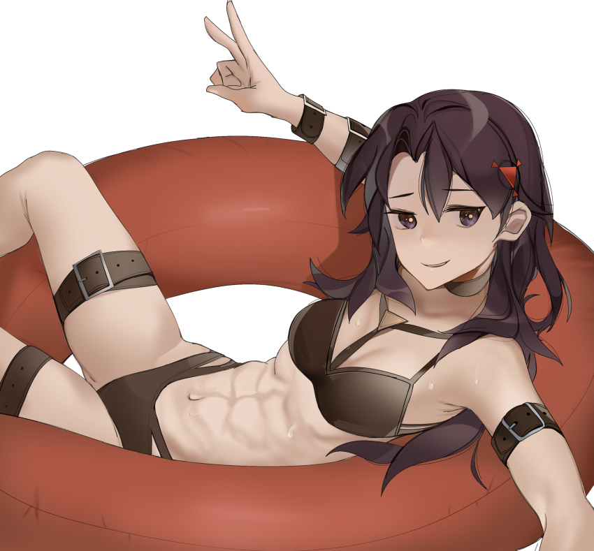 1girl abs absurdres afloat bare_arms bare_shoulders belt bikini breasts brown_hair choker commission commissioner_upload dusk_(wayanfa) hair_ornament highres lamota long_hair lying multi-strapped_bikini_bottom multiple_belts non-web_source original purple_eyes raised_eyebrows relaxing small_breasts smug swim_ring swimsuit thighs toned toned_female triangle_hair_ornament v wet white_background