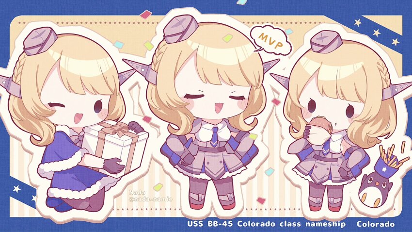 1girl bird blonde_hair blue_necktie braid burger capelet chibi colorado_(kancolle) dress eating failure_penguin food french_fries garrison_cap grey_capelet grey_dress grey_headwear hat headgear highres kantai_collection lattice_mast nada_namie necktie open_mouth penguin pleated_dress santa_costume santa_dress sleeveless smile solid_eyes