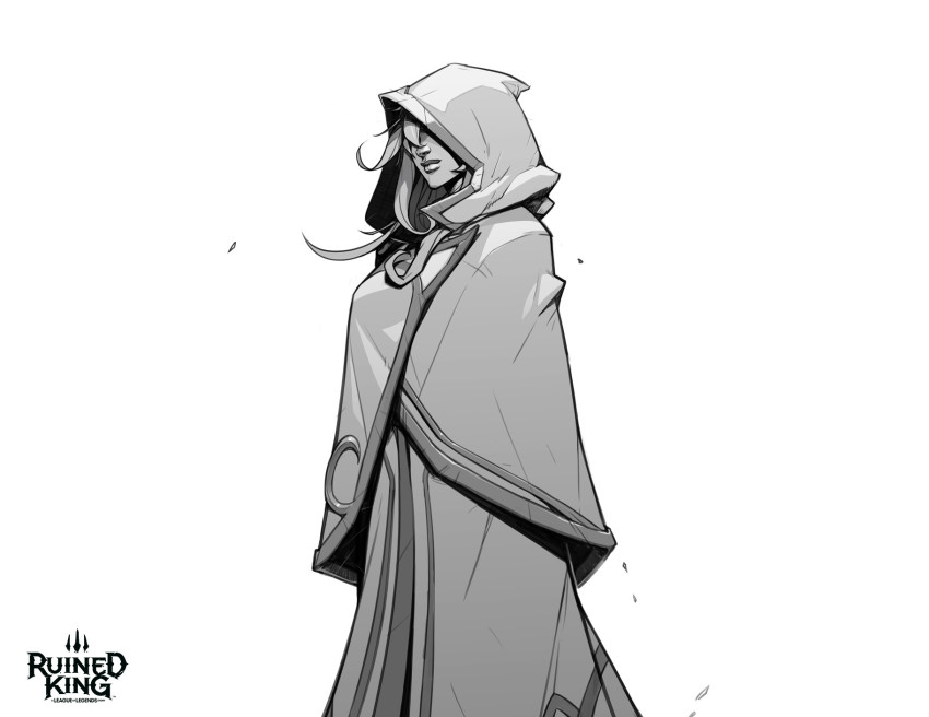 1girl cloak closed_mouth commentary copyright_name covered_eyes english_commentary greyscale hicham_habchi highres hood hood_up hooded_cloak league_of_legends long_hair monochrome official_alternate_costume official_art ruined_king:_a_league_of_legends_story solo soraka_(league_of_legends) standing white_background