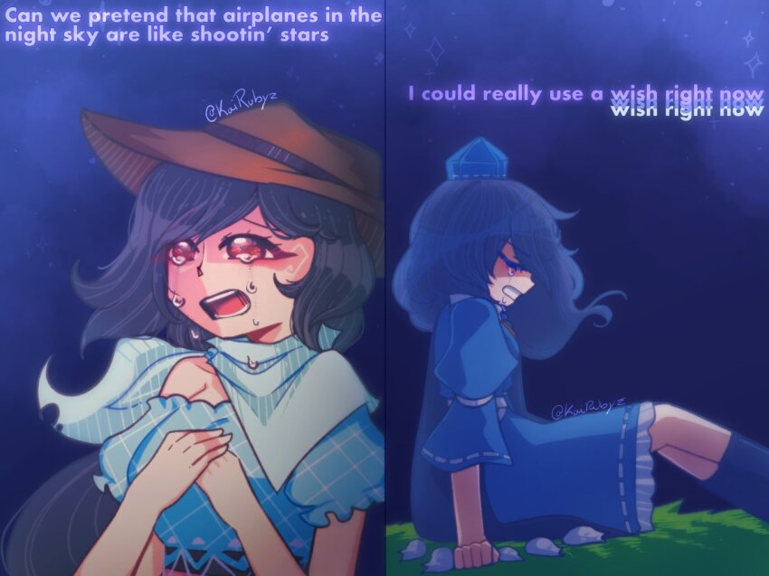 2girls airplanes_(b.o.b.) back-to-back black_hair blue_dress blue_hair blue_hat blue_socks blurry brown_hat capelet clenched_teeth color_connection commentary cowboy_hat crying crying_with_eyes_open depth_of_field dress english_commentary english_text feet_out_of_frame floating_hair fog frilled_dress frilled_sleeves frills from_side grass grid_print hands_on_own_chest hat iizunamaru_megumu kairubyz kurokoma_saki long_hair lyrics meme mordetwi_(meme) multiple_girls night night_sky off-shoulder_dress off_shoulder open_mouth own_hands_together puffy_short_sleeves puffy_sleeves purple_eyes red_eyes ribbon ribbon-trimmed_sleeves ribbon_trim rock short_hair short_sleeves signature sitting sky sleeve_ribbon socks sweatdrop swept_bangs tears teeth tokin_hat touhou twitter_username upper_body v-shaped_eyebrows white_capelet white_ribbon