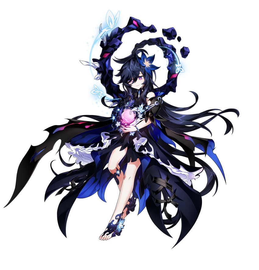 1girl artist_request barefoot_sandals_(jewelry) black_dress black_hair black_sleeves blue_butterfly blue_flower bracelet bug butterfly closed_mouth cross-laced_clothes cross-laced_dress detached_sleeves dress elsword floating_clothes floating_hair flower full_body hair_between_eyes hair_flower hair_ornament highres holding insect jewelry long_dress long_hair nisha_labyrinth_(elsword) official_art pink_eyes rock second-party_source short_sleeves smile solo tachi-e torn_clothes torn_dress transparent_background very_long_hair