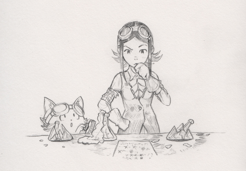 1girl armband breasts broken_glass buttons carrot_(pepper&amp;carrot) center_frills checkered_armband checkered_clothes david_revoy erlenmeyer_flask flask foam frilled_shirt frills glass gloves hand_on_own_face hand_on_own_hip highres medium_breasts medium_hair monochrome paper pepper&amp;carrot pepper_(pepper&amp;carrot) safety_glasses shirt table wide_hips x