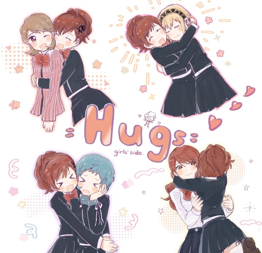 &gt;_&lt; 5girls aigis_(persona) android aqua_hair arms_around_neck black_jacket black_skirt blonde_hair blush blush_stickers bow bowtie brown_eyes brown_hair cardigan choker closed_eyes closed_mouth collared_shirt commentary english_commentary flipped_hair flower gekkoukan_high_school_uniform hair_ornament hairclip heart highres hug hug_from_behind jacket kirijou_mitsuru long_hair long_sleeves miniskirt multiple_girls need_sleep one_eye_closed open_mouth persona persona_3 persona_3_portable pink_cardigan pleated_skirt red_bow red_bowtie red_eyes red_hair ribbed_cardigan robot_ears school_uniform shiomi_kotone shirt short_hair skirt smile takeba_yukari upper_body white_choker white_shirt yamagishi_fuuka
