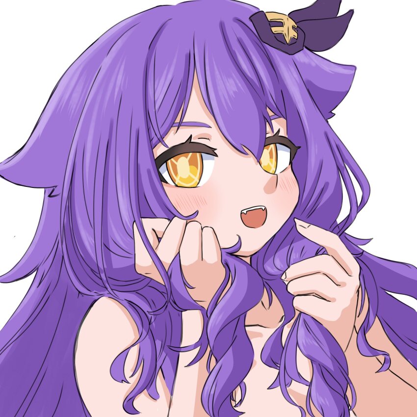 1girl brown_eyes collarbone commentary_request eyebrows_hidden_by_hair fangs hair_between_eyes highres holding holding_own_hair honkai_(series) honkai_impact_3rd looking_at_viewer mokkyo_(motkyo) nude open_mouth purple_hair simple_background sirin solo teeth upper_body upper_teeth_only white_background