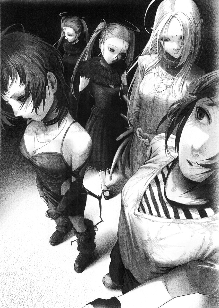 5girls boots choker dress expressionless graphite_(medium) greyscale highres jewelry kanikumi_toi long_hair looking_down monochrome multiple_girls necklace original pointy_ears shirt short_hair siblings sisters striped_clothes striped_shirt traditional_media twins twintails