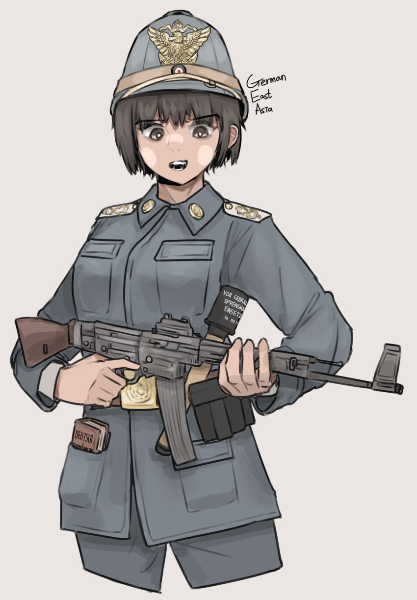 1girl anachronism assault_rifle belt book brown_eyes brown_hair epaulettes explosive german_empire german_text germany grenade gun hat hearts_of_iron helmet highres imperial_german_navy kaiserreich magazine_(weapon) military military_uniform pzkpfwi rifle short_hair stg44 weapon