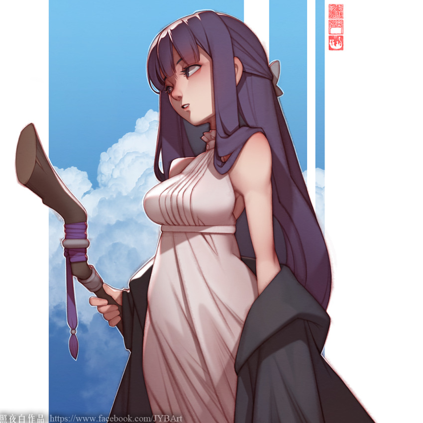 1girl black_robe blue_sky bow cloud dress fern_(sousou_no_frieren) hair_bow holding holding_staff long_hair mage_staff purple_eyes purple_hair robe sky solo sousou_no_frieren staff white_bow white_dress wooden_staff zhaoyebai