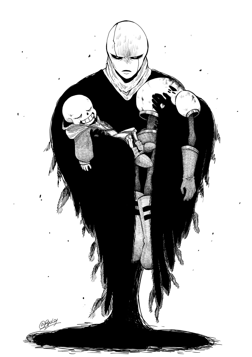 3boys absurdres armor boots decapitation gloves greyscale grin highres hood jacket male_focus monochrome multiple_boys papyrus_(undertale) sakekuzu_no_ame sans_(undertale) simple_background skeleton slippers smile teeth twitter_username undertale w.d._gaster