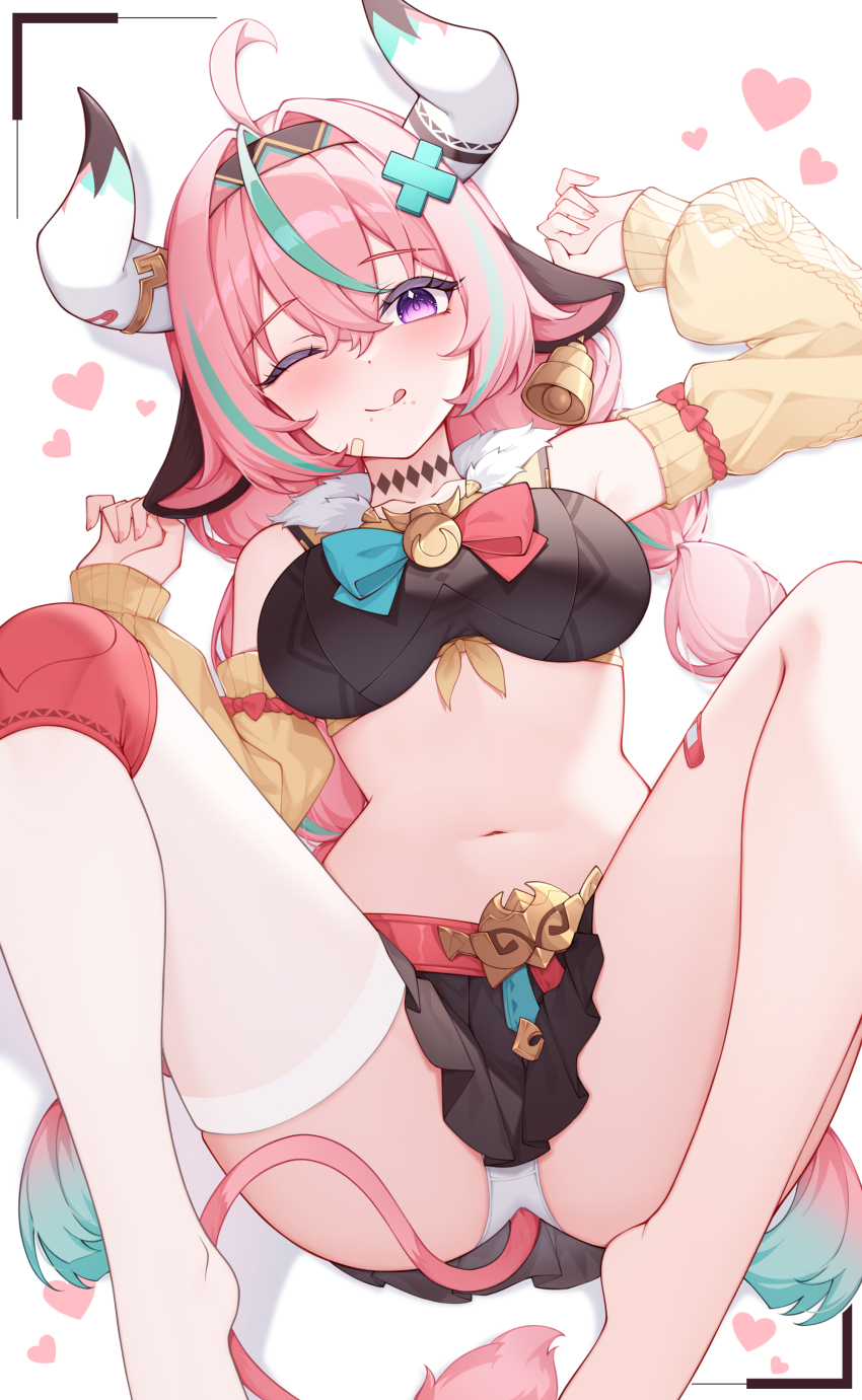 1girl :p absurdres ahoge animal_ears aqua_hair bandaid bell black_skirt bow braid breasts cow_ears cow_girl cow_horns cow_tail cowbell crossed_bangs detached_sleeves genshin_impact hair_ornament hairband heart highres horns large_breasts long_hair long_sleeves looking_at_viewer lying midriff multicolored_hair navel on_back one_eye_closed open_mouth origami_(poinia) panties pink_hair purple_eyes single_thighhigh skindentation skirt smile solo spread_legs stomach streaked_hair tail thighhighs thighs tongue tongue_out twin_braids underwear varesa_(genshin_impact) white_horns white_panties white_thighhighs yellow_sleeves