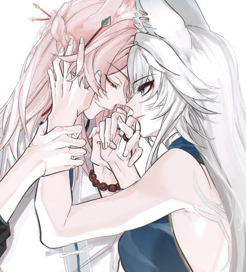 1boy 1girl animal_ear_fluff animal_ears aqua_eyes bare_shoulders bead_bracelet beads blue_shirt bracelet braid breasts chinese_clothes closed_eyes closed_mouth earrings eyeshadow feixiao_(honkai:_star_rail) fingernails fox_boy fox_ears fox_girl hair_between_eyes hair_ornament hair_stick hand_on_another&#039;s_head hands_up hetero highres holding_another&#039;s_wrist honkai:_star_rail honkai_(series) jewelry jiaoqiu_(honkai:_star_rail) large_breasts long_hair looking_at_another makeup multiple_rings pink_hair red_eyeshadow ribbon ring shirt simple_background sleeveless sleeveless_shirt smile tangzhuang upper_body white_background white_hair white_ribbon white_shirt yziyiling