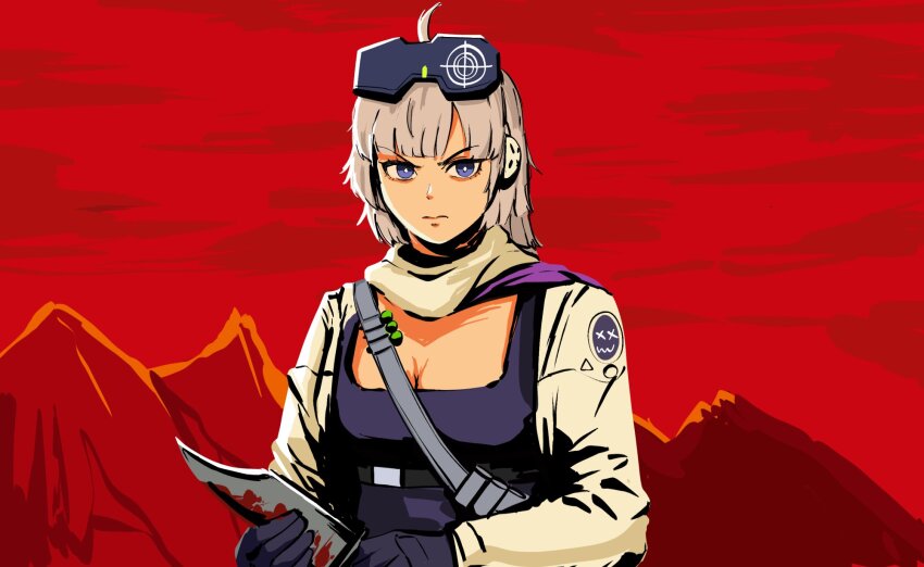 1girl aa-12_(girls&#039;_frontline) ahoge blood bloody_knife blue_eyes breasts closed_mouth girls&#039;_frontline girls&#039;_frontline_2:_exilium grey_hair gun highres holding holding_knife jacket knife lind_(girls&#039;_frontline_2) looking_at_viewer mountainous_horizon open_clothes open_jacket parabellum parody red_dead_redemption_(series) red_dead_redemption_2 red_sky short_hair sky solo upper_body weapon white_jacket