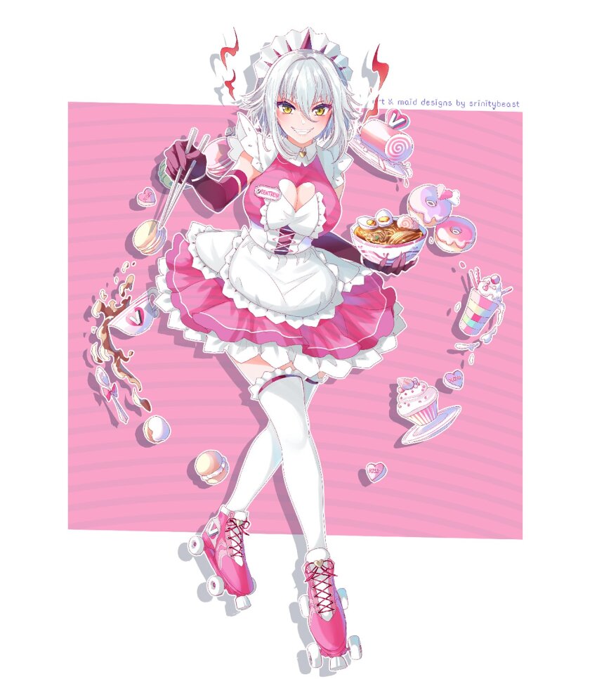 1girl apron artist_name bow bowl breasts chopsticks cleavage clothing_cutout corset cup cupcake donut dress egg_(food) elbow_gloves food frilled_dress frills gloves heart heart_cutout highres holding holding_bowl holding_chopsticks inline_skates large_breasts macaron maid_headdress milkshake name_tag noodles pink_bow pink_dress purple_gloves roller_skates shadow skates smile solo spoon srinitybeast teacup thighhighs virtual_youtuber vshojo waitress white_apron white_corset white_hair white_thighhighs yellow_eyes zentreya