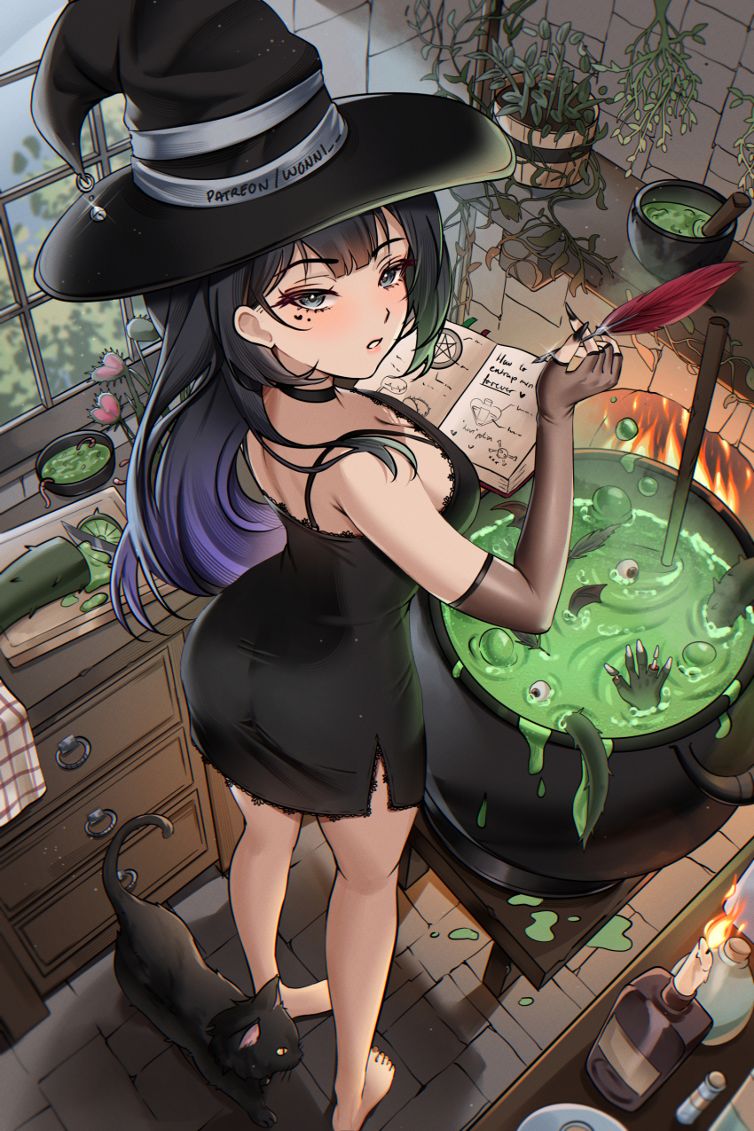 1girl absurdres barefoot black_cat black_choker black_dress black_gloves black_hair black_nails blue_eyes blunt_bangs book breasts candle cat cauldron choker cutting_board dress elbow_gloves eyeball facial_mark fingerless_gloves from_above gloves gradient_hair hat heart heart_facial_mark highres holding holding_quill long_hair looking_at_viewer medium_breasts mole mole_under_eye multicolored_hair nabi_(wonnikon) open_book original patreon_username purple_hair quill solo standing witch witch_hat wonnikon