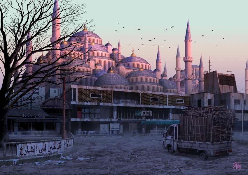 abandoned animal bare_tree bird blue_sky brick_wall building commentary_request day dilapidated highres motor_vehicle no_humans original outdoors pickup_truck post-apocalypse radio_antenna railing rust sign sky tokyogenso tower translation_request tree truck window