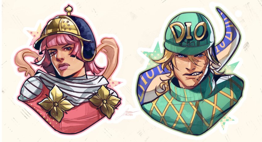 1boy 1girl aqua_bow aqua_helmet aqua_sweater argyle_clothes argyle_sweater black_helmet blonde_hair blue_eyes bow capelet clothing_cutout cracked_skin cropped_torso diego_brando dinosaur_tail flower_ornament gold_flower grey_scarf helmet highres hot_pants_(sbr) jojo_no_kimyou_na_bouken lis_cepu looking_at_viewer outline pink_capelet pink_eyes pink_hair pink_lips scarf scary_monsters_(stand) shoulder_cutout stand_(jojo) steel_ball_run sweater tail turtleneck turtleneck_sweater white_outline