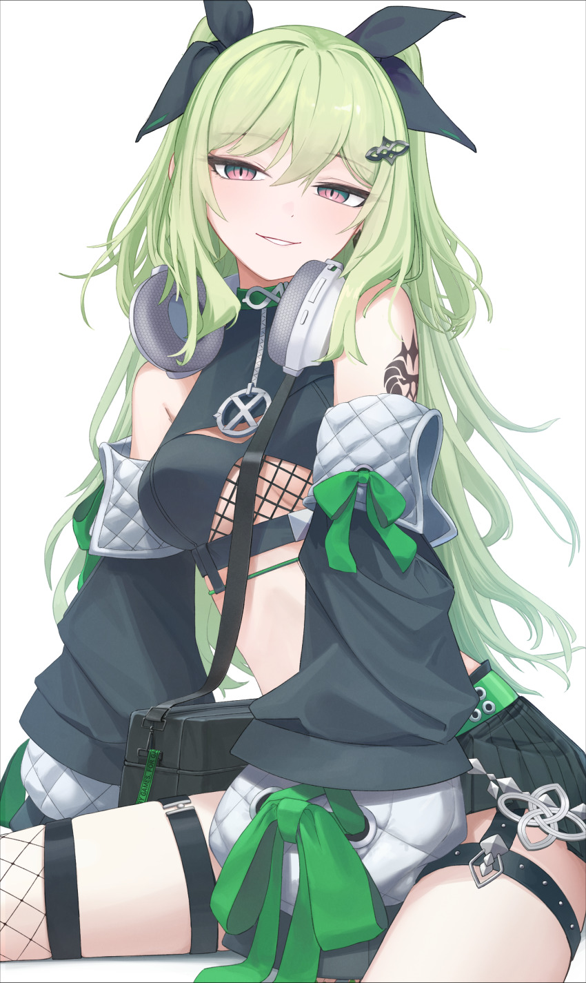 1girl absurdres arm_tattoo black_shorts clothing_cutout commentary_request crop_top detached_sleeves dokon fishnet_cutout fishnet_thighhighs fishnets green_hair headphones headphones_around_neck highres honkai_(series) honkai_impact_3rd long_hair mobius_(honkai_impact) mobius_(razer)_(honkai_impact) official_alternate_costume parted_lips shorts simple_background single_thighhigh slit_pupils solo stomach tattoo thighhighs thighs underboob_cutout very_long_hair white_background