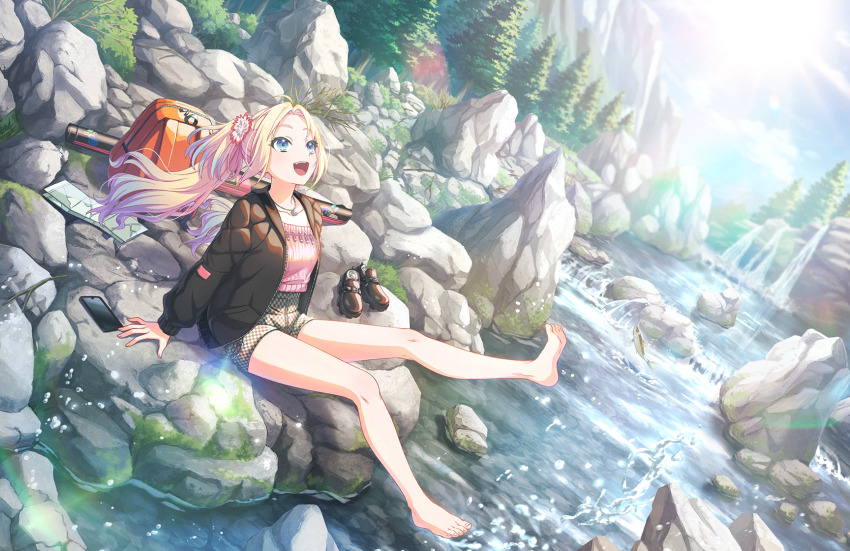 1girl :d arm_rest backpack bag barefoot black_jacket black_shoes black_shorts blonde_hair blue_eyes blue_hair blue_sky cellphone checkered_clothes checkered_shorts collarbone cropped_sweater fang fish flower game_cg gradient_hair hair_flower hair_ornament high-waist_shorts highres jacket jewelry leather leather_jacket light_blue_hair link!_like!_love_live! long_hair looking_up love_live! map moss multicolored_hair necklace official_art on_rock open_clothes open_jacket open_mouth orange_bag osawa_rurino osawa_rurino_(summer_casual) parted_bangs phone pine_tree pink_flower pink_sweater river riverbank shoes shorts sitting sky smartphone smile solo sun sweater teeth third-party_source tree twintails unworn_shoes upper_teeth_only virtual_youtuber water water_drop white_flower white_shorts