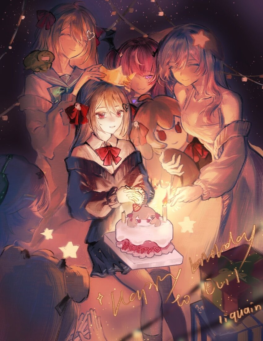 6+girls animal_ears annytf artist_name black_cardigan black_skirt blonde_hair bow bowtie broken_heart_hair_ornament brown_hair cake camila_(vtuber) candle cardigan cerber_(vtuber) closed_eyes closed_mouth collared_shirt crossed_fingers crown dog_ears dress dress_shirt ellie_minibot evil_neuro-sama food fox_ears fox_girl from_side gift green_bow green_bowtie grey_hair grin hair_between_eyes hair_ornament happy_birthday head_wings heart heart_hair_ornament highres indie_virtual_youtuber indoors liquain long_hair multicolored_hair multiple_girls neuro-sama off-shoulder_cardigan pink_hair pleated_skirt purple_eyes red_bow red_bowtie red_eyes shirt short_hair sitting skirt smile streaked_hair stuffed_toy two_side_up vedal_ai virtual_youtuber white_dress white_hair white_shirt wings yellow_cardigan