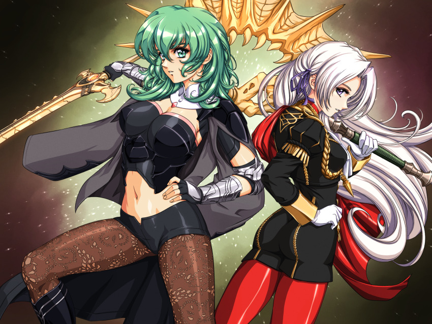 1990s_(style) 2girls armlet ass axe aymr_(fire_emblem) black_gloves black_shirt black_shorts blue_eyes blue_hair bodice breasts brown_background brown_pantyhose bustier female_byleth_(fire_emblem) cleavage commentary commission crop_top edelgard_von_hresvelg fingerless_gloves fire_emblem fire_emblem:_three_houses gloves high-waist_shorts highres holding holding_axe holding_sword holding_weapon jewelry juliet_sleeves large_breasts long_hair long_sleeves looking_at_viewer midriff multiple_girls navel nintendo panties pantyhose pantyhose_under_shorts parted_lips patterned_legwear puffy_sleeves purple_eyes red_panties retro_artstyle shirt short_shorts short_sleeves shorts sirknightbot stomach sword sword_of_the_creator thighs turtleneck underwear vambraces weapon white_hair
