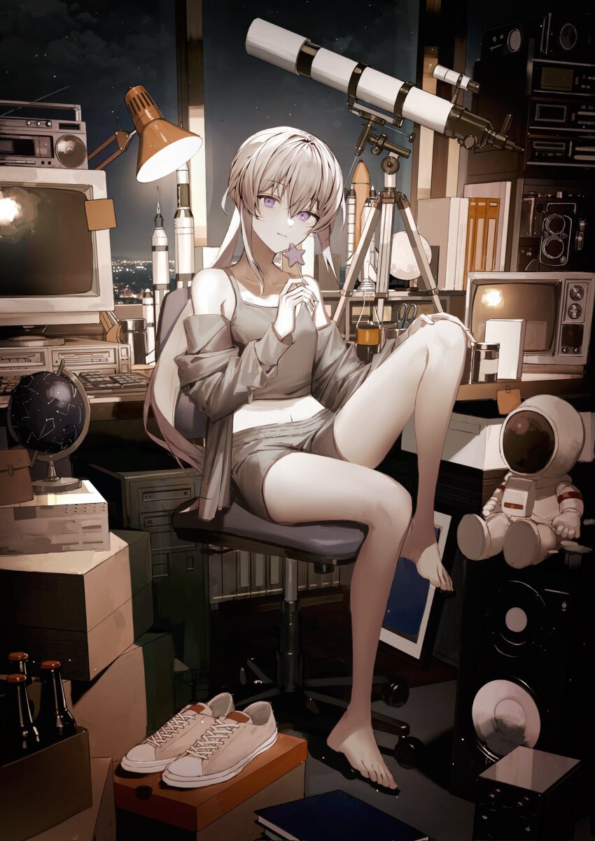 1girl astronaut bare_legs barefoot bottle box camisole celestial_globe chair cityscape collarbone commentary_request computer computer_keyboard crt desk_lamp feet grey_camisole grey_hair grey_shorts hair_between_eyes helmet highres indoors knee_up lamp legs long_hair looking_at_viewer model monitor navel night night_sky on_chair original purple_eyes radio rocket scissors shoes shorts sidelocks sitting sky smile solo space_helmet spacesuit speaker tamitami telescope toes unworn_shoes window