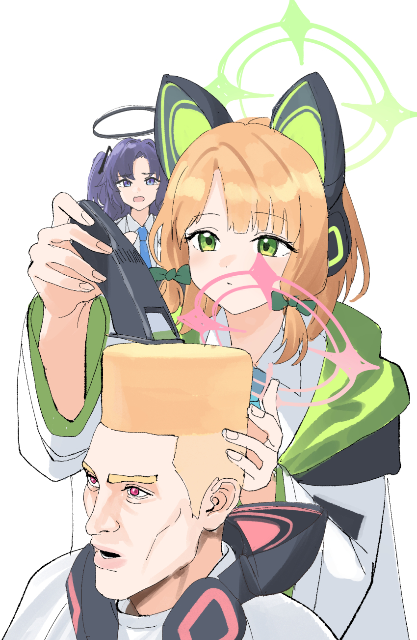 3girls animal_ear_headphones animal_ears barber_cape black_halo blue_archive blue_necktie bow cat_ear_headphones choso_giving_toudou_a_haircut_(meme) cutting_another&#039;s_hair cutting_hair electric_razor fade_(haircut) fake_animal_ears flattop green_bow green_hair green_halo hair_clipper halo headphones highres low-tied_sidelocks mechanical_halo meme midori_(blue_archive) momoi_(blue_archive) multiple_girls necktie nonbire pink_halo purple_hair razor siblings sidelocks sisters tall_hair twins two_side_up white_background wireless_earphones yuuka_(blue_archive)