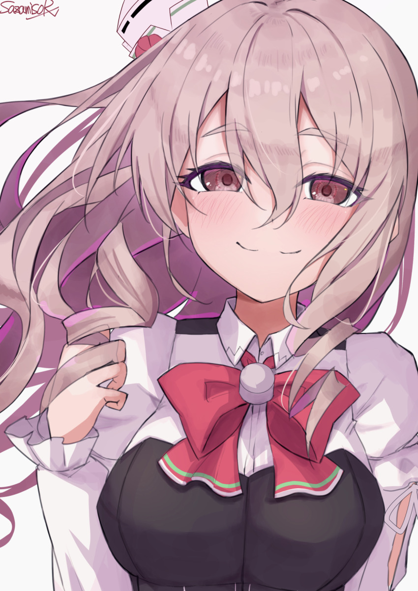 1girl artist_name blush bow bowtie brown_eyes closed_mouth collared_shirt corset hair_between_eyes hat highres kantai_collection light_brown_hair long_hair long_sleeves looking_at_viewer pola_(kancolle) red_bow red_bowtie sazamiso_rx shirt signature simple_background smile solo upper_body white_background white_hat white_shirt