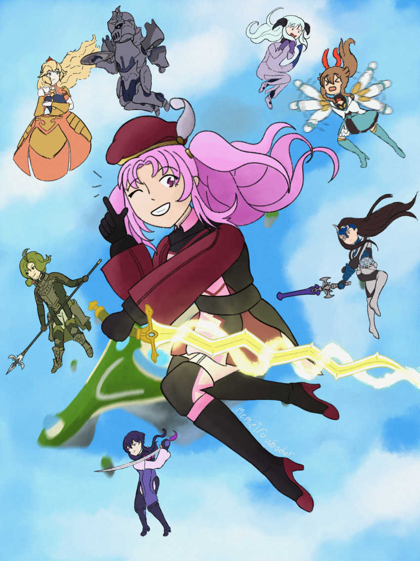&gt;_&lt; 2boys 6+girls absurdres alice_(fire_emblem) alternate_costume armor armored_boots beret blonde_hair blue_eyes boots brown_hair cloud cup emma_(fire_emblem) faceless faceless_male falling finger_point fire_emblem fire_emblem_cipher fire_emblem_engage flailing floating_island gloves green_eyes green_hair hat highres lance lando_(fire_emblem) levin_sword long_hair memie_(memietroubador) multiple_boys multiple_girls niamh_(fire_emblem) nintendo orange_eyes pink_eyes pink_hair poe_(fire_emblem) polearm ponytail purple_eyes purple_hair randal_(fire_emblem) shade_(fire_emblem) side_ponytail sky smile sword teacup tiara valjean_(fire_emblem) weapon worried_look yuzu_(fire_emblem)