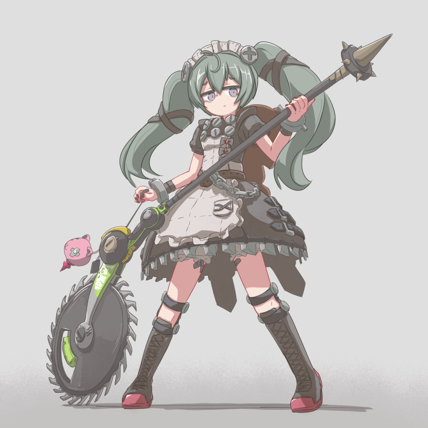 1girl animal_bag apron bandaid bandaid_on_leg bear_bag belt black_dress bloomers boots brown_belt chain circular_saw commentary_request corin_wickes cuffs dress full_body green_hair grey_background grey_bloomers hair_between_eyes highres holding holding_weapon knee_boots long_hair looking_at_viewer maid maid_apron maid_headdress player193 puffy_short_sleeves puffy_sleeves purple_eyes saw screw_hair_ornament short_sleeves simple_background solo twintails underwear weapon white_apron zenless_zone_zero