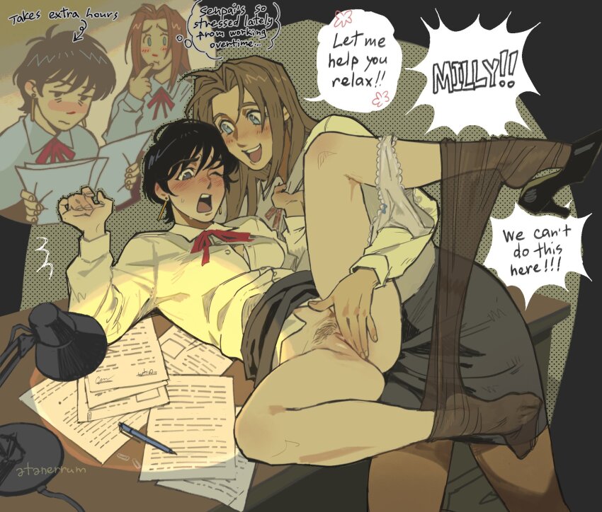 2girls angry artist_name atanerrum black_hair black_pubic_hair black_shoes black_skirt blue_eyes blush bow bowtie bra bra_peek breasts brown_hair brown_pantyhose cleavage clitoris clothes_lift desk earrings english_text female_pubic_hair fingering grey_eyes height_difference high_heels highres inset jewelry lamp leg_up long_hair lying meryl_stryfe milly_thompson multiple_girls neck_ribbon notes office office_lady on_back on_desk one_eye_closed open_mouth panties panties_around_leg pantyhose pantyhose_around_one_leg paperclip papers partially_unbuttoned pen pencil_skirt pubic_hair pussy red_bow red_bowtie red_ribbon ribbon shirt shoes short_hair sitting skirt skirt_lift smile speech_bubble spread_legs sweat talking thinking thought_bubble trigun uncensored underwear vaginal white_bra white_shirt yuri