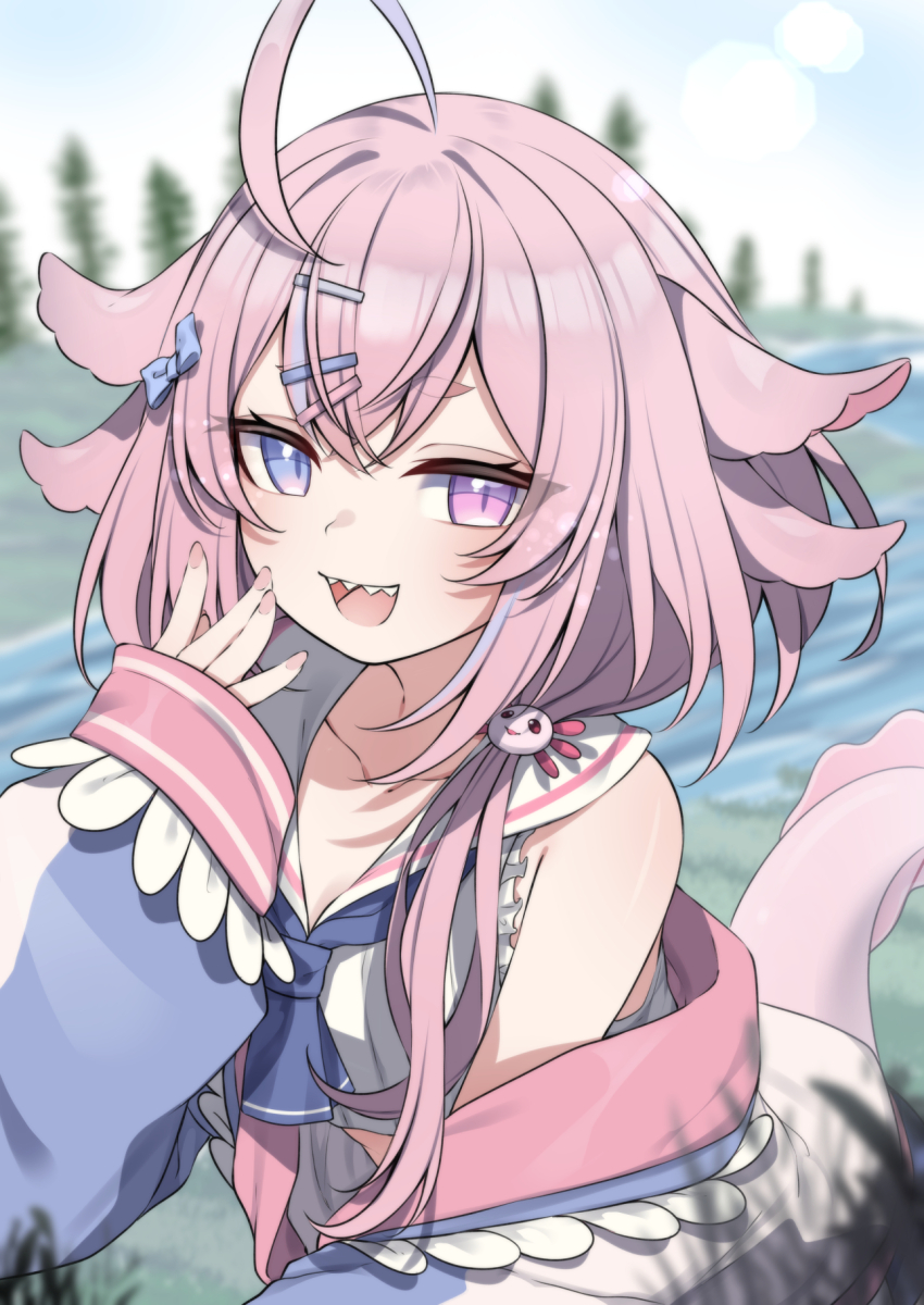 1girl ahoge axolotl_ears axolotl_girl axolotl_tail blurry blurry_background bow collarbone commission elio_lotl hair_bow hair_ornament hairclip highres indie_virtual_youtuber jacket long_hair long_sleeves multicolored_jacket neckerchief off_shoulder open_mouth pink_eyes pink_hair purple_bow purple_eyes purple_neckerchief river sailor_collar sharp_teeth shirt sky sleeveless sleeveless_shirt sleeves_past_wrists solo teeth tree valefal_coneri vgen_commission virtual_youtuber white_sailor_collar white_shirt