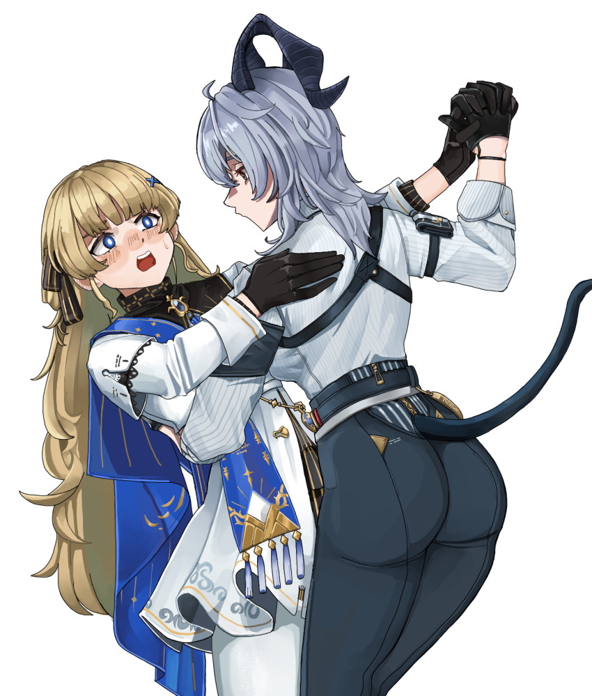 2girls arm_pouch ass black_collar black_eyes black_gloves black_horns black_pants black_pouch black_tail blonde_hair blue_eyes blush breasts capkal collar commentary_request curled_horns dancing eye_contact gloves grey_hair hand_grab high-waist_pants highres horns large_breasts long_hair long_sleeves looking_at_another multiple_girls open_mouth pants pantyhose partial_commentary phoebe_(wuthering_waves) shirt shirt_tucked_in simple_background sweatdrop tail white_background white_pantyhose white_shirt wuthering_waves zani_(wuthering_waves)
