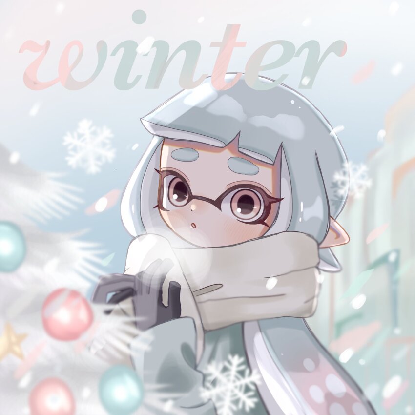1girl :o black_gloves blue_hair blurry blurry_background commentary dot_nose eyelashes gloves gradient_hair highres inkling inkling_girl inkling_player_character long_hair looking_at_viewer multicolored_hair nintendo open_mouth osakanagumi11 outdoors pink_eyes pink_hair pointy_ears scarf snowflakes snowing solo splatoon_(series) splatoon_3 symbol-only_commentary tentacle_hair thick_eyebrows two-tone_hair white_scarf winter