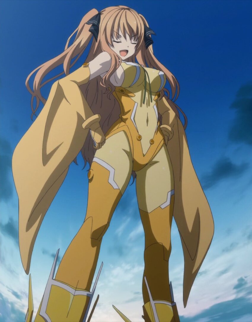 1girl ao_no_kanata_no_four_rhythm bodysuit breasts brown_hair cleavage closed_eyes covered_navel from_below hands_on_own_hips highres large_breasts legs long_hair satouin_reiko smile solo stitched thighs third-party_edit twintails