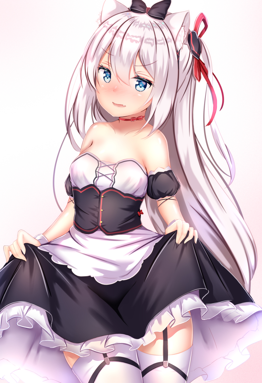 1girl animal_ear_fluff animal_ears azur_lane bare_shoulders black_bow black_dress blue_eyes blush bow breasts cat_ears choker clothes_lift collarbone cowboy_shot detached_sleeves dress dress_lift fang female_focus frown garter_straps gradient_background hair_between_eyes hair_bow hair_ribbon hammann_(azur_lane) hammann_(retrofit)_(azur_lane) highres long_hair looking_at_viewer one_side_up parted_lips puffy_short_sleeves puffy_sleeves remodel_(azur_lane) ribbon ribbon_choker short_sleeves small_breasts solo standing thighhighs v-shaped_eyebrows very_long_hair white_hair white_thighhighs yuano