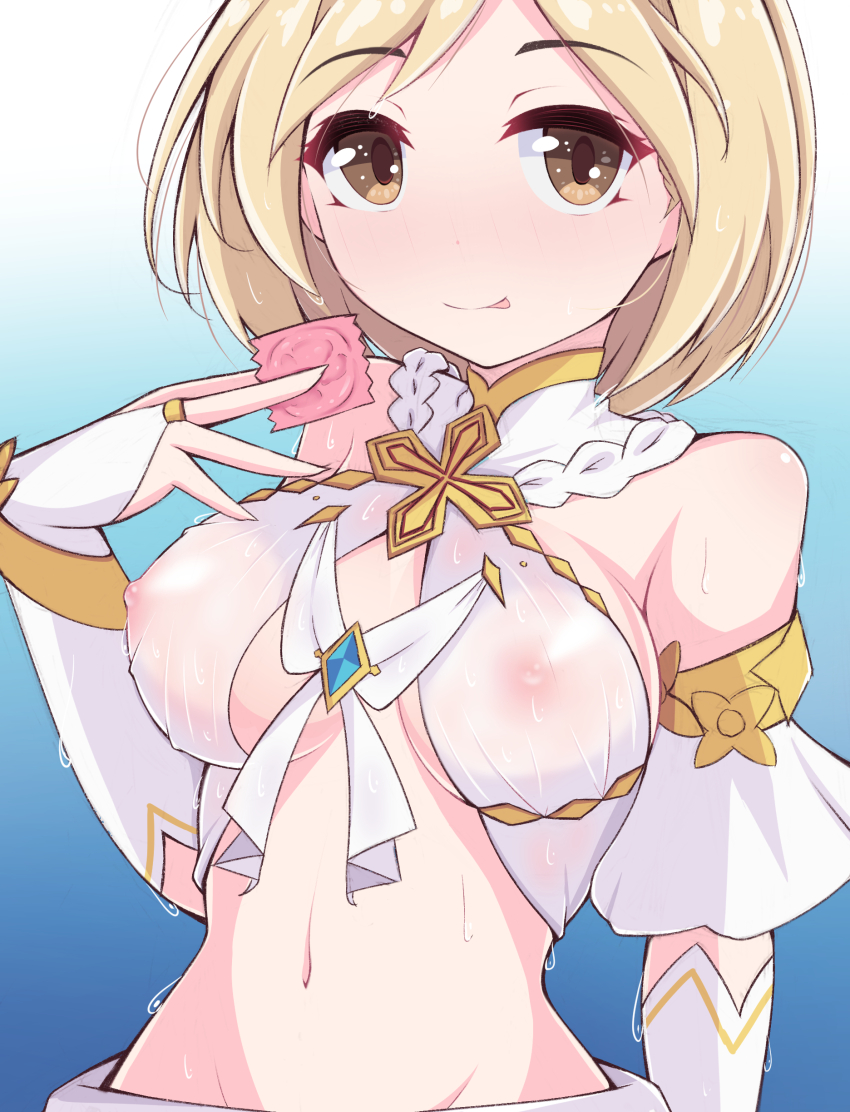 1girl absurdres blonde_hair breasts bridal_gauntlets condom condom_wrapper cosplay covered_erect_nipples djeeta_(granblue_fantasy) granblue_fantasy highres kuroha_koudai medium_breasts navel princess_connect! see-through_clothes short_hair solo tongue tongue_out yellow_eyes yui_(ceremonial)_(princess_connect!) yui_(princess_connect!) yui_(princess_connect!)_(cosplay)