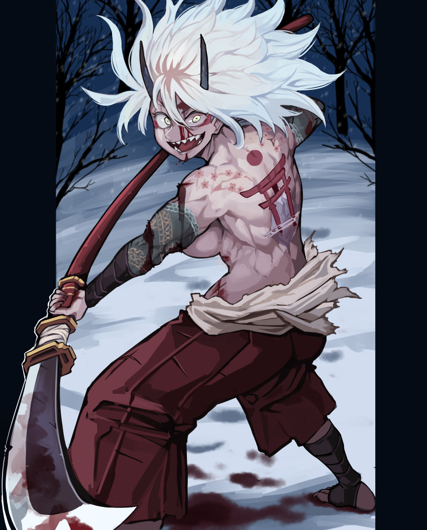 1girl absurdres antares_topaz arm_tattoo armpits back_muscles back_tattoo bandaged_weapon bandages battle_damage black_nails blonde_hair blood blood_on_arm blood_on_face blood_on_ground blood_on_shoulder blood_on_snow blood_on_stomach bloody_weapon breasts brown_pants cherry_blossoms commission convenient_censoring demon_girl demon_horns dragon_tattoo dress evil_smile eyeshadow facial_mark feet fighting_stance fingernails forest hakama highres holding holding_polearm holding_weapon horns injury irezumi isonash_(rahmid6) japan japanese_clothes large_breasts limited_palette long_fingernails long_horns long_toenails looking_at_viewer makeup multicolored_hair muscular muscular_female naginata nail_polish nature night night_sky oni open_mouth pants polearm red_eyeshadow red_hakama red_sun sharp_fingernails sharp_teeth sharp_toenails shoulder_tattoo sideboob sky smile snow snowing solo star_linker stirrup_legwear tattoo tattoo_sleeve teeth toeless_legwear toenail_polish toenails toes tomboy tongue topless_female torii torn_clothes tree two-tone_dress two-tone_hair underboob weapon white_hair wide-eyed winter yellow_eyes